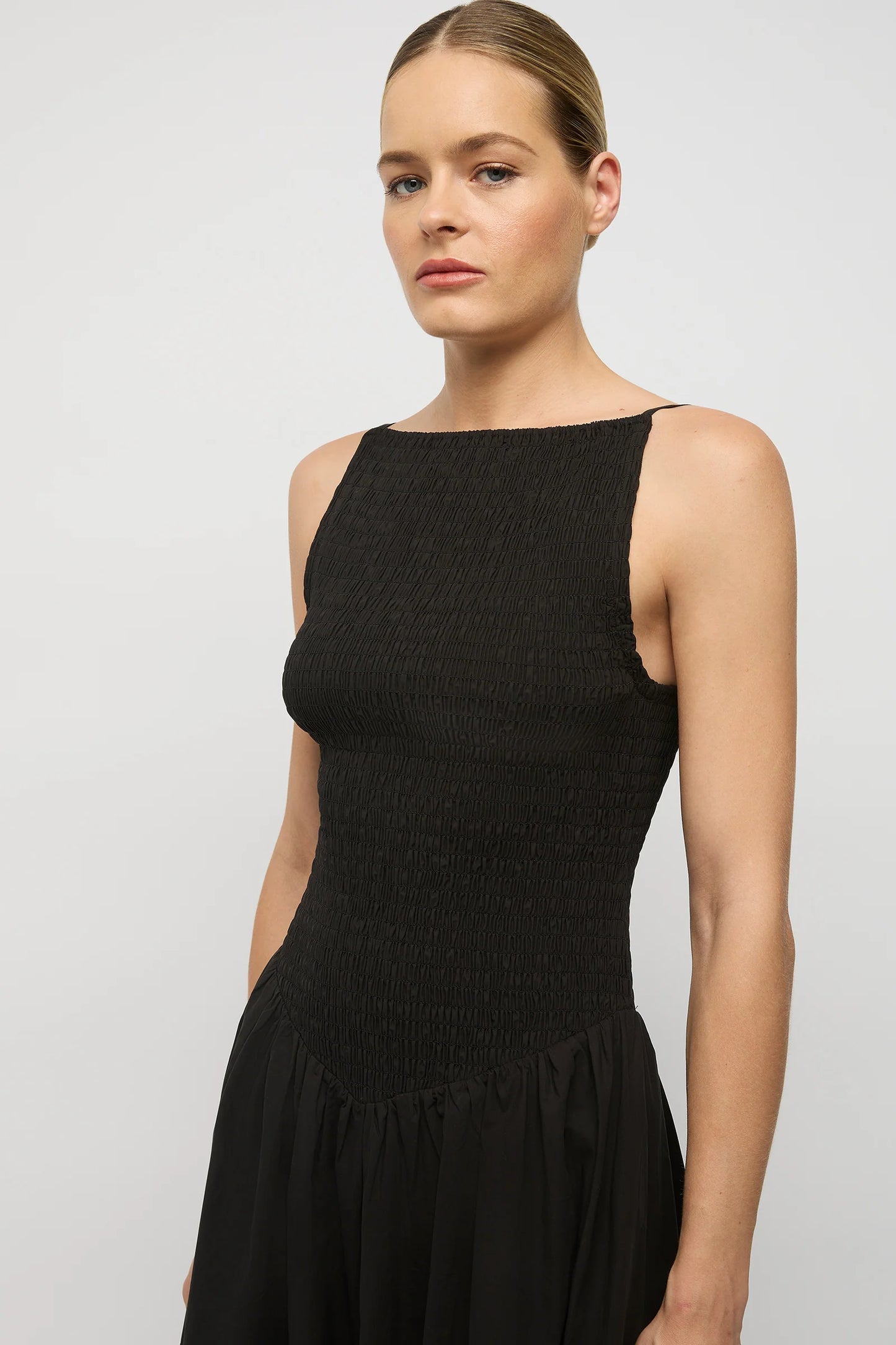 Nyssa Longline Shirred Cotton Dress - Black